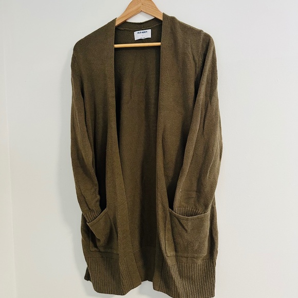 Old Navy Cardigan  Women’s size L  Olive Green Mid Thigh Length with Pockets - Picture 1 of 6